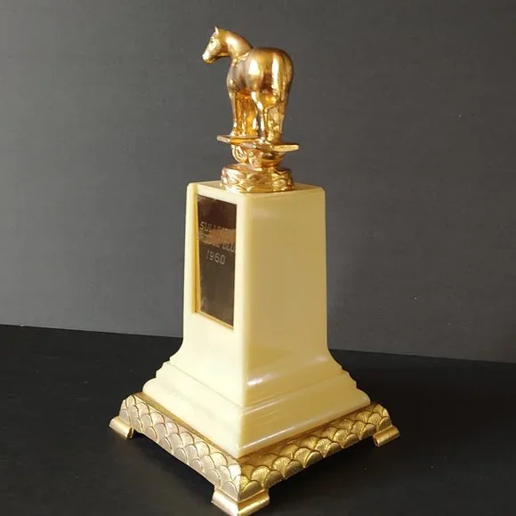 Vintage Trophy Horse on Gold & Ivory Base Sullivan Saddle Club 1960 Dodge Trophy